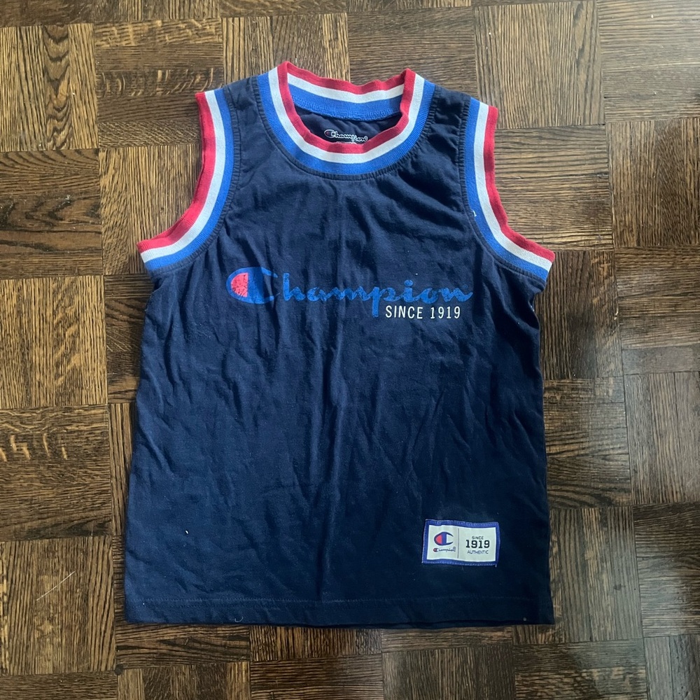 Vintage Champion Navy Tank Top with Red and Blue Trim - Size S